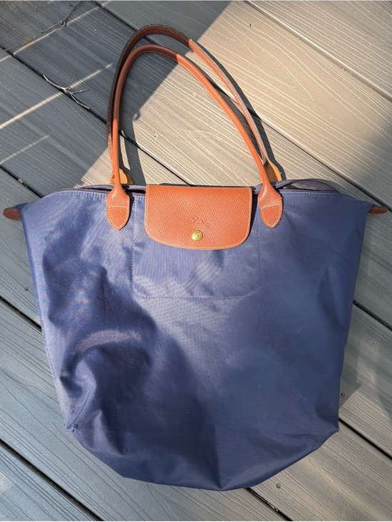 Longchamp Handbags - Longchamp Navy Tote with Brown Leather Trim